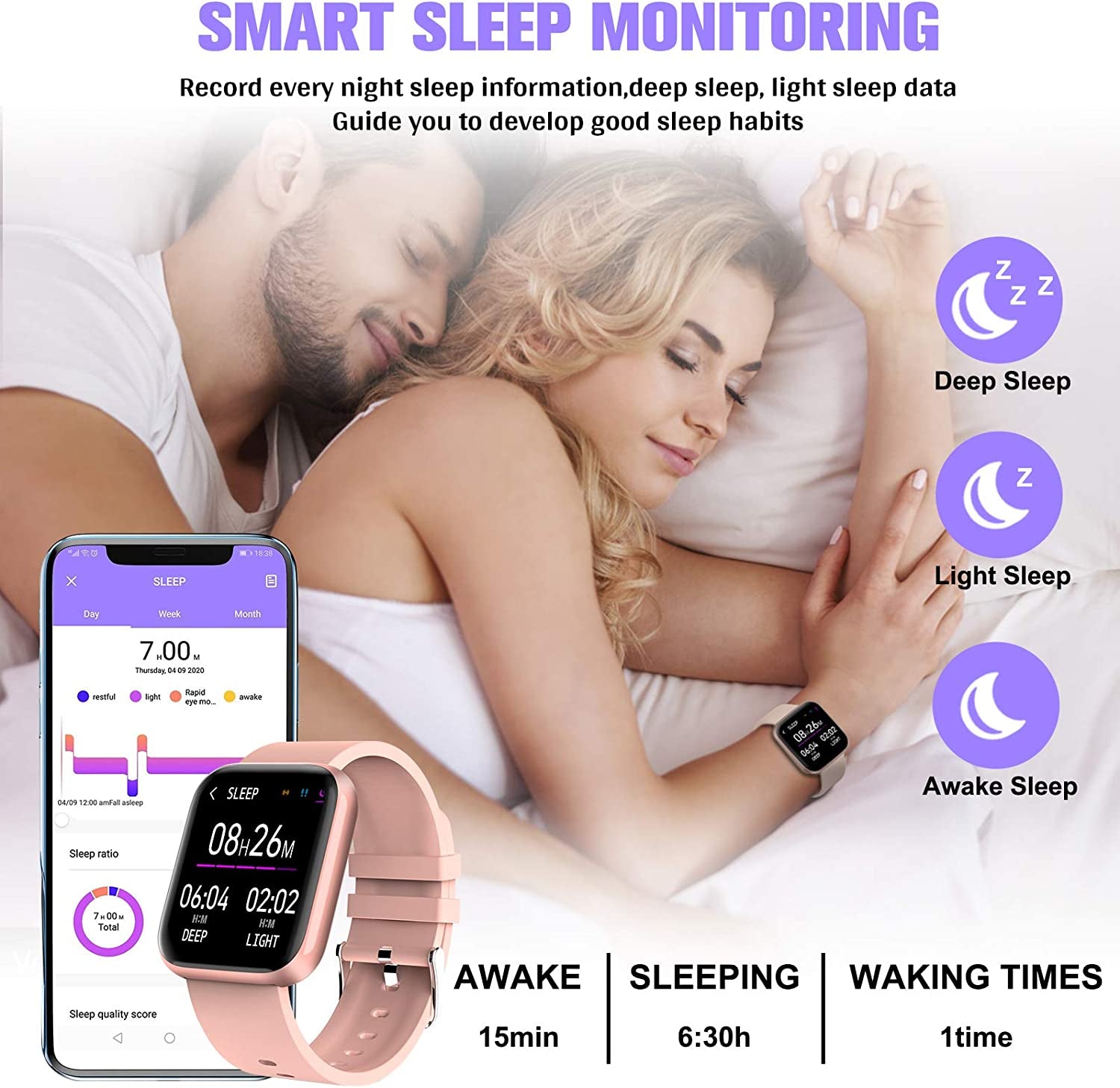 Smart Watch, Fitness Watch Activity Tracker with Blood Pressure Heart Rate Monitor IP67 Waterproof Bluetooth Smartwatch Touch Screen Sports Tracker Watch for Ios Phones Android Men Women Pink