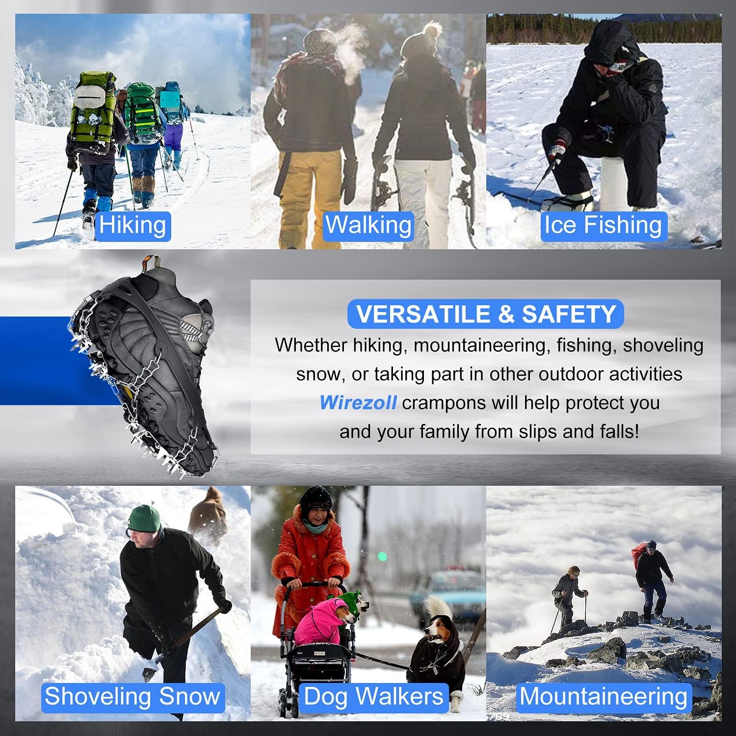 Ice Cleats, Crampons for Hiking Boots and Snow Shoes Climbing Spikes Grippers for Traction with Chains for Men Women