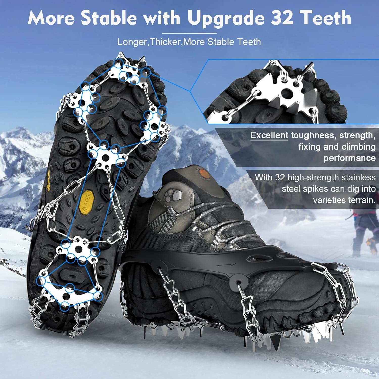 Ice Cleats, Crampons for Hiking Boots and Snow Shoes Climbing Spikes Grippers for Traction with Chains for Men Women