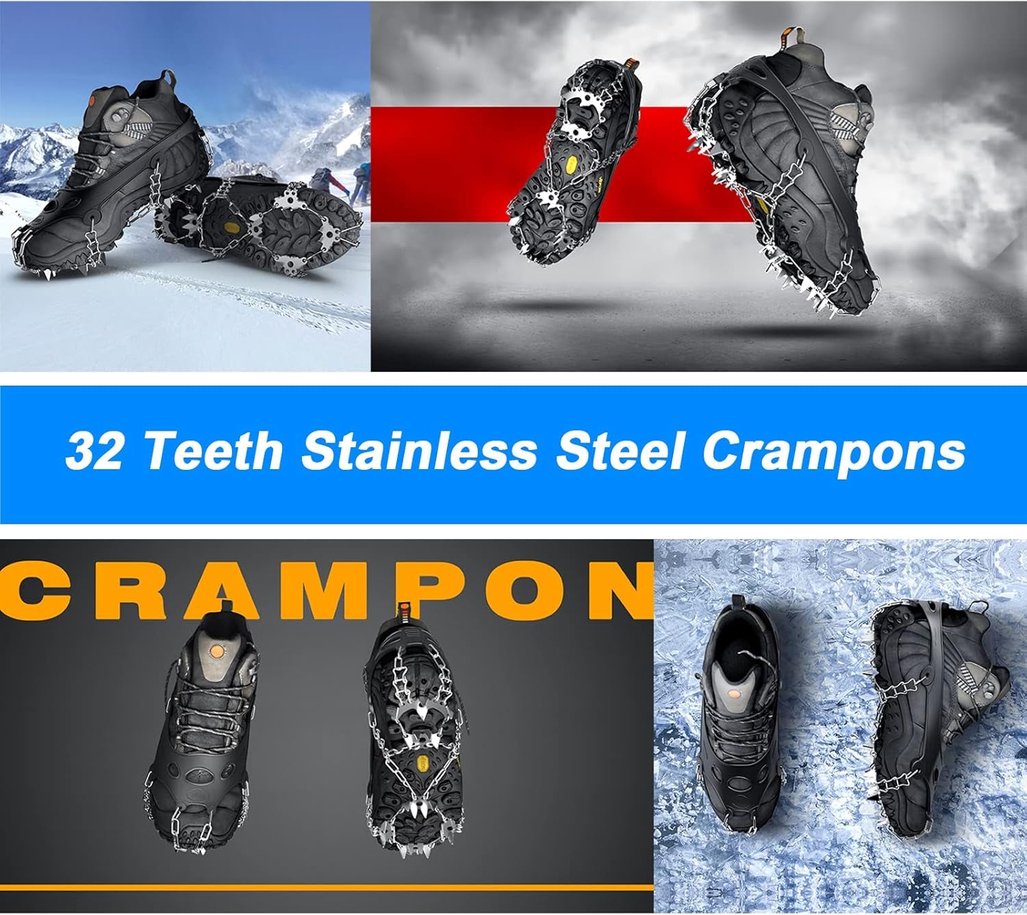 Ice Cleats, Crampons for Hiking Boots and Snow Shoes Climbing Spikes Grippers for Traction with Chains for Men Women