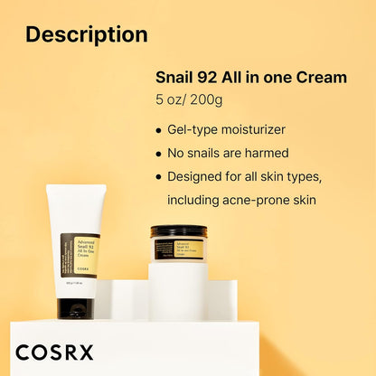 Snail Mucin 92% Moisturizer, Daily Repair Face Gel Cream Tube Type for Dry, Sensitive Skin, Not Tested on Animals, No Parabens, No Sulfates, No Phthalates, Korean Skin Care (7.05Fl Oz / 200G)